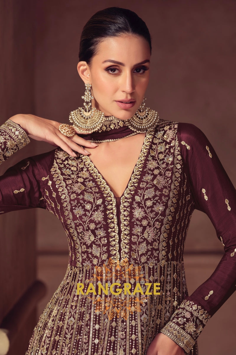 Regal Brown Wine Silk Embroidered Anarkali Suit Set
