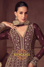 Regal Brown Wine Silk Embroidered Anarkali Suit Set