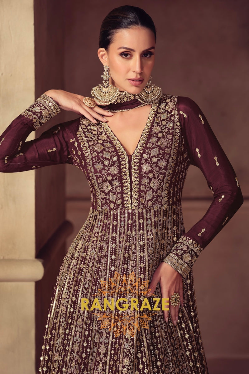 Regal Brown Wine Silk Embroidered Anarkali Suit Set