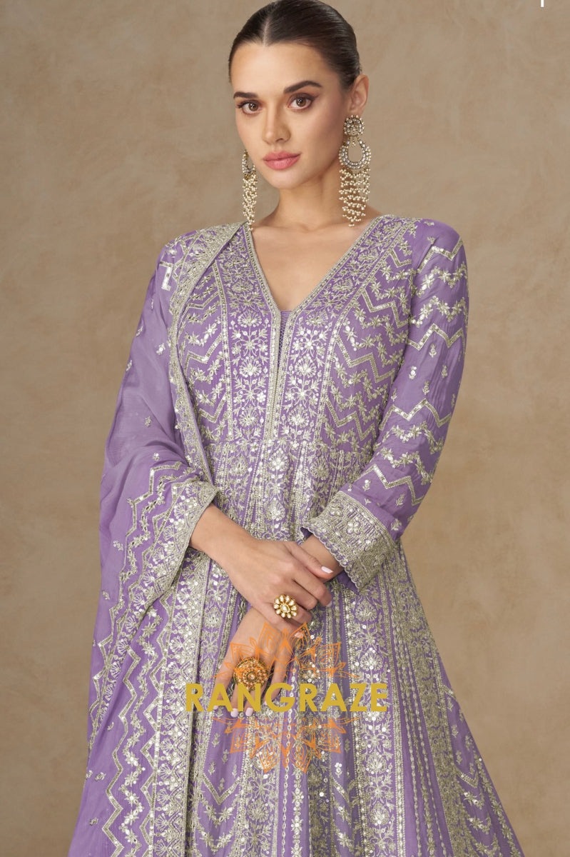 Lavender Glow Embroidered Silk Anarkali Suit with Dupatta