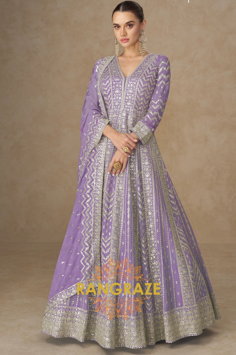 Lavender Glow Embroidered Silk Anarkali Suit with Dupatta