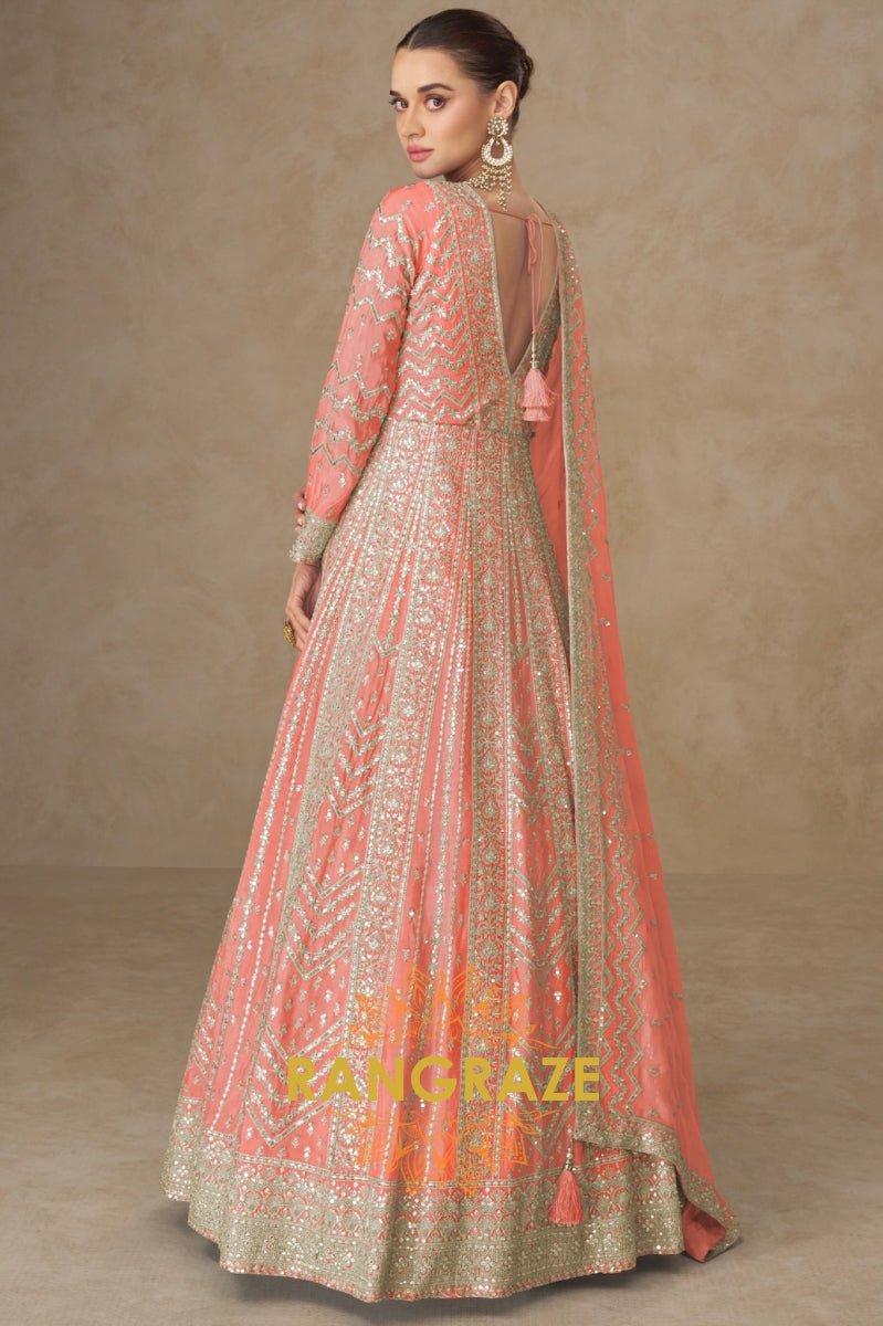 Coral Peach Embroidered Silk Anarkali with Dupatta