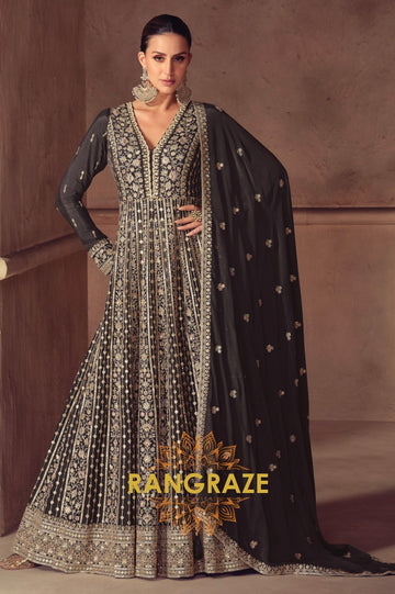 Noir Elegance Silk Embroidered Anarkali Set
