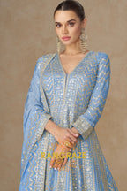 Sky Blue Embroidered Silk Anarkali Suit with Dupatta