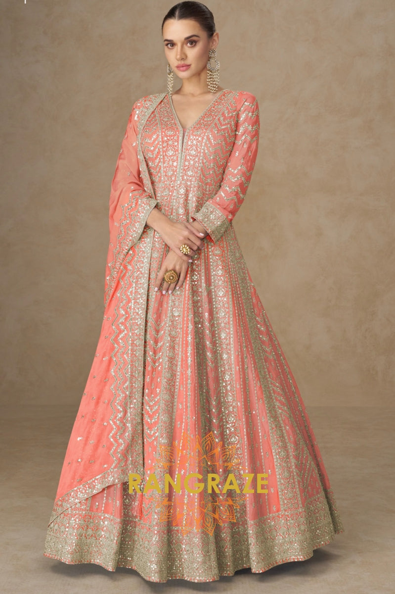 Coral Peach Embroidered Silk Anarkali Suit with Dupatta