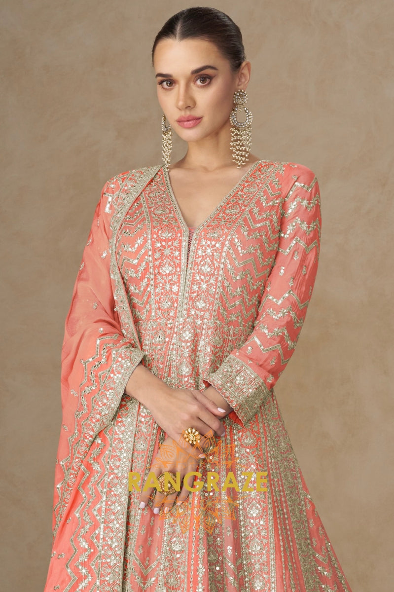 Coral Peach Embroidered Silk Anarkali Suit with Dupatta
