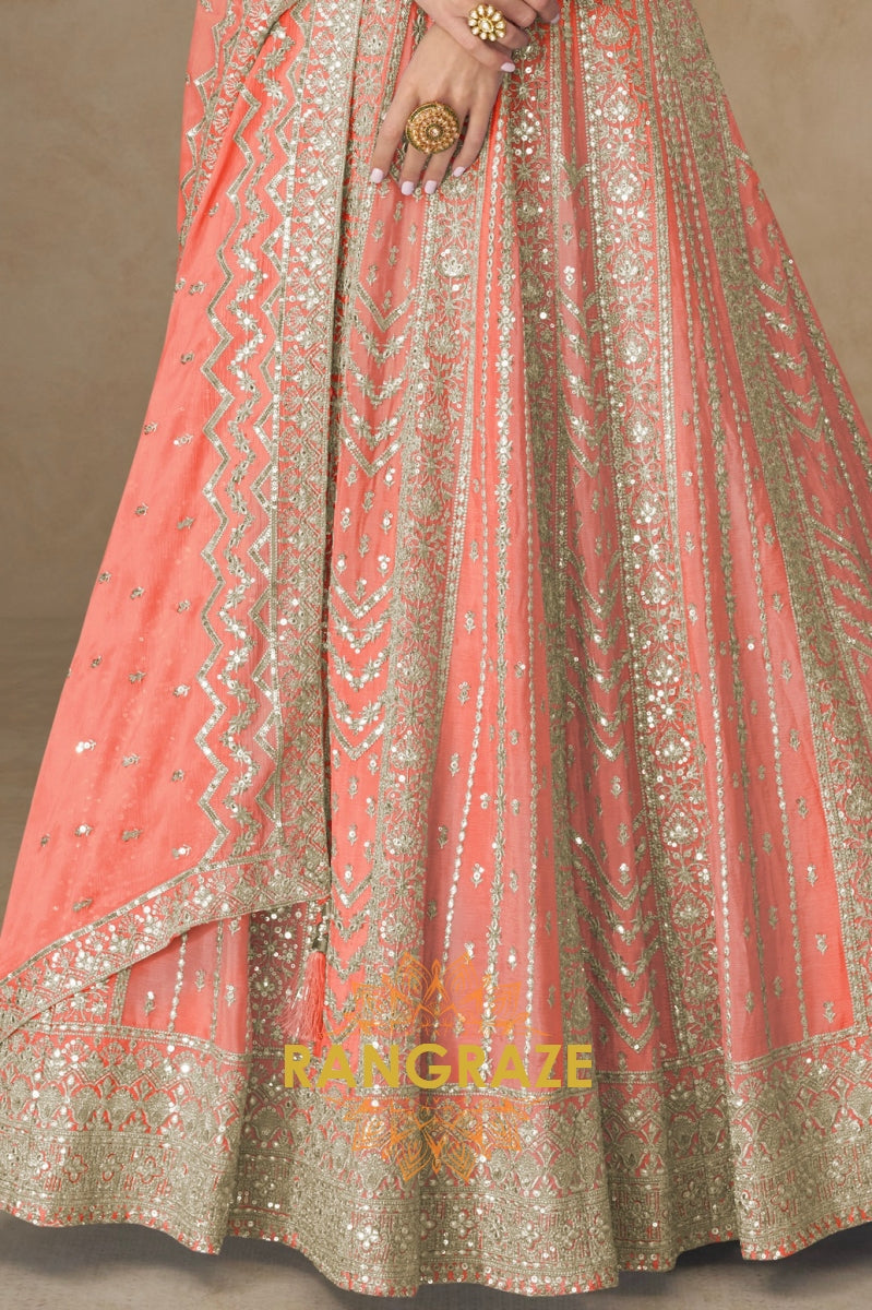 Coral Peach Embroidered Silk Anarkali Suit with Dupatta