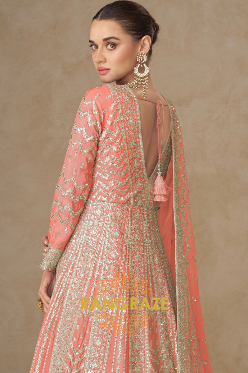 Coral Peach Embroidered Silk Anarkali Suit with Dupatta