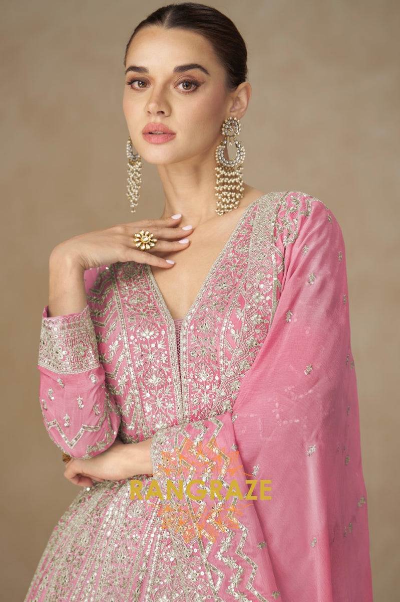 Blush Pink Embroidered Silk Anarkali with Dupatta