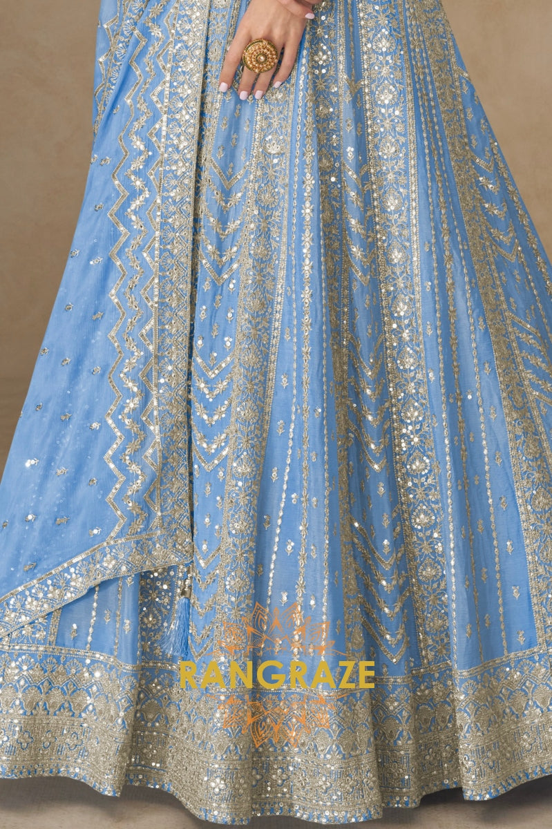 Sky Blue Embroidered Silk Anarkali Suit with Dupatta