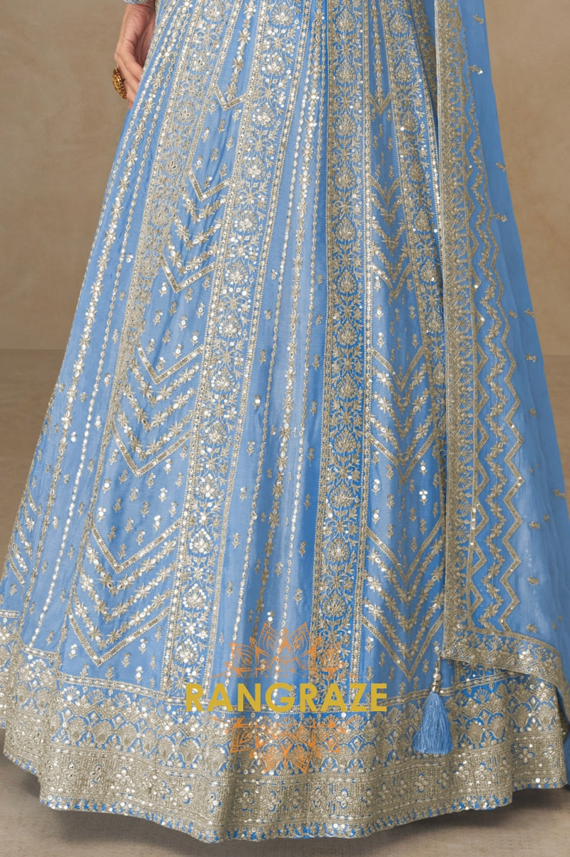 Sky Blue Embroidered Silk Anarkali Suit with Dupatta