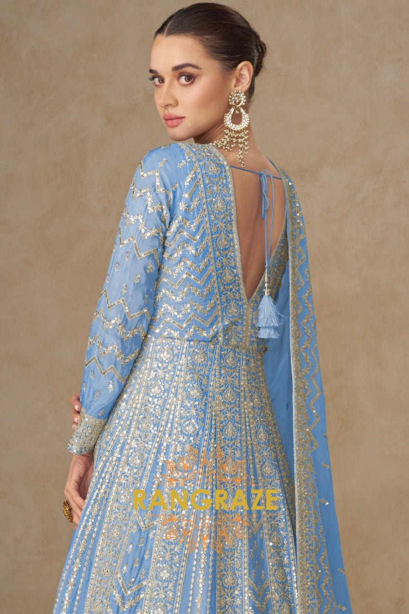Sky Blue Embroidered Silk Anarkali Suit with Dupatta