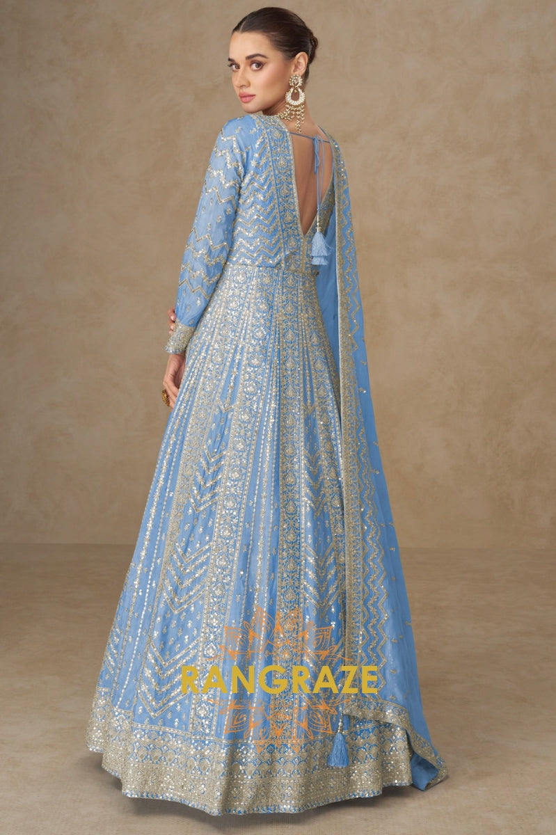 Sky Blue Embroidered Silk Anarkali with Dupatta