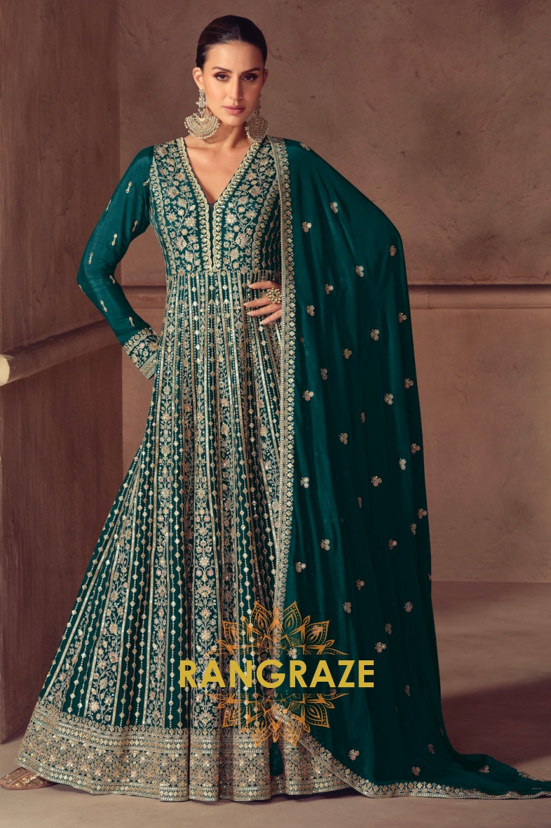 Emerald Green Silk Embroidered Anarkali Suit Set