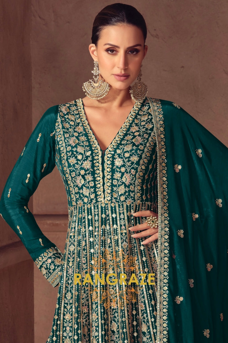 Emerald Green Silk Embroidered Anarkali Suit Set