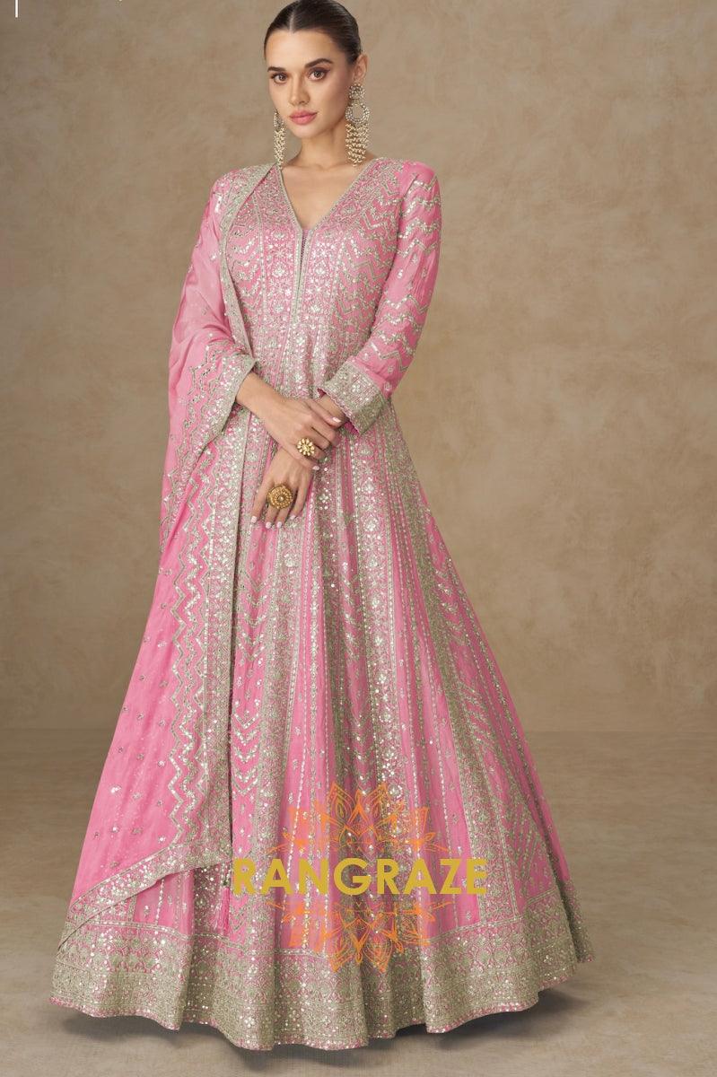 Blush Pink Embroidered Silk Anarkali with Dupatta