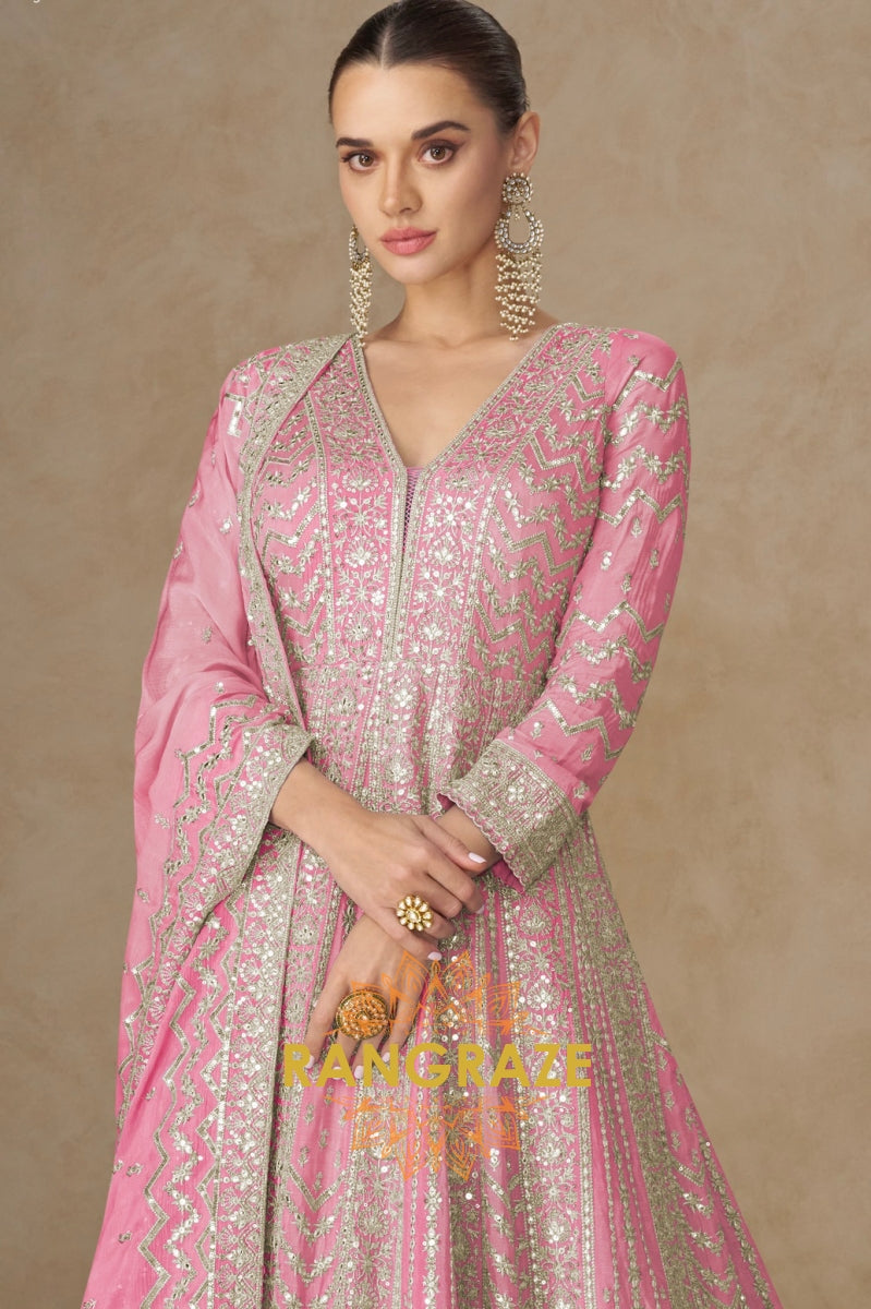 Blush Pink Embroidered Silk Anarkali Suit with Dupatta