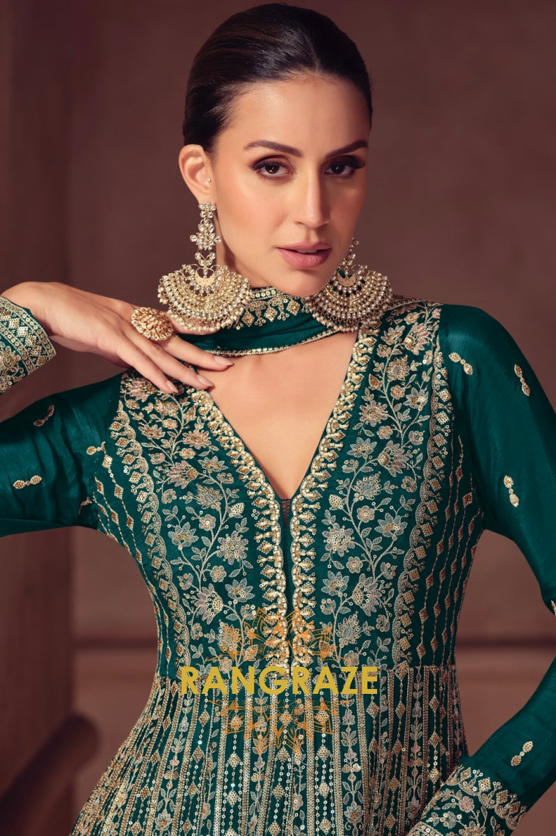 Emerald Green Silk Embroidered Anarkali Suit Set