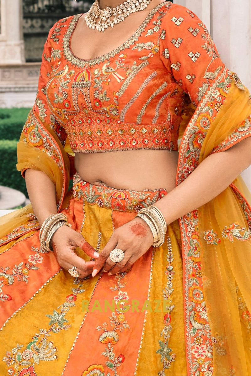 Amber Bloom Fancy Silk Lehenga – A Radiant Ensemble of Stones, Sequins & Mirror Embroidery