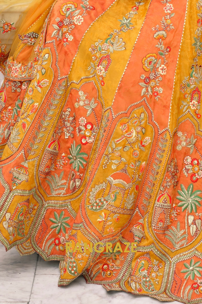 Amber Bloom Fancy Silk Lehenga – A Radiant Ensemble of Stones, Sequins & Mirror Embroidery