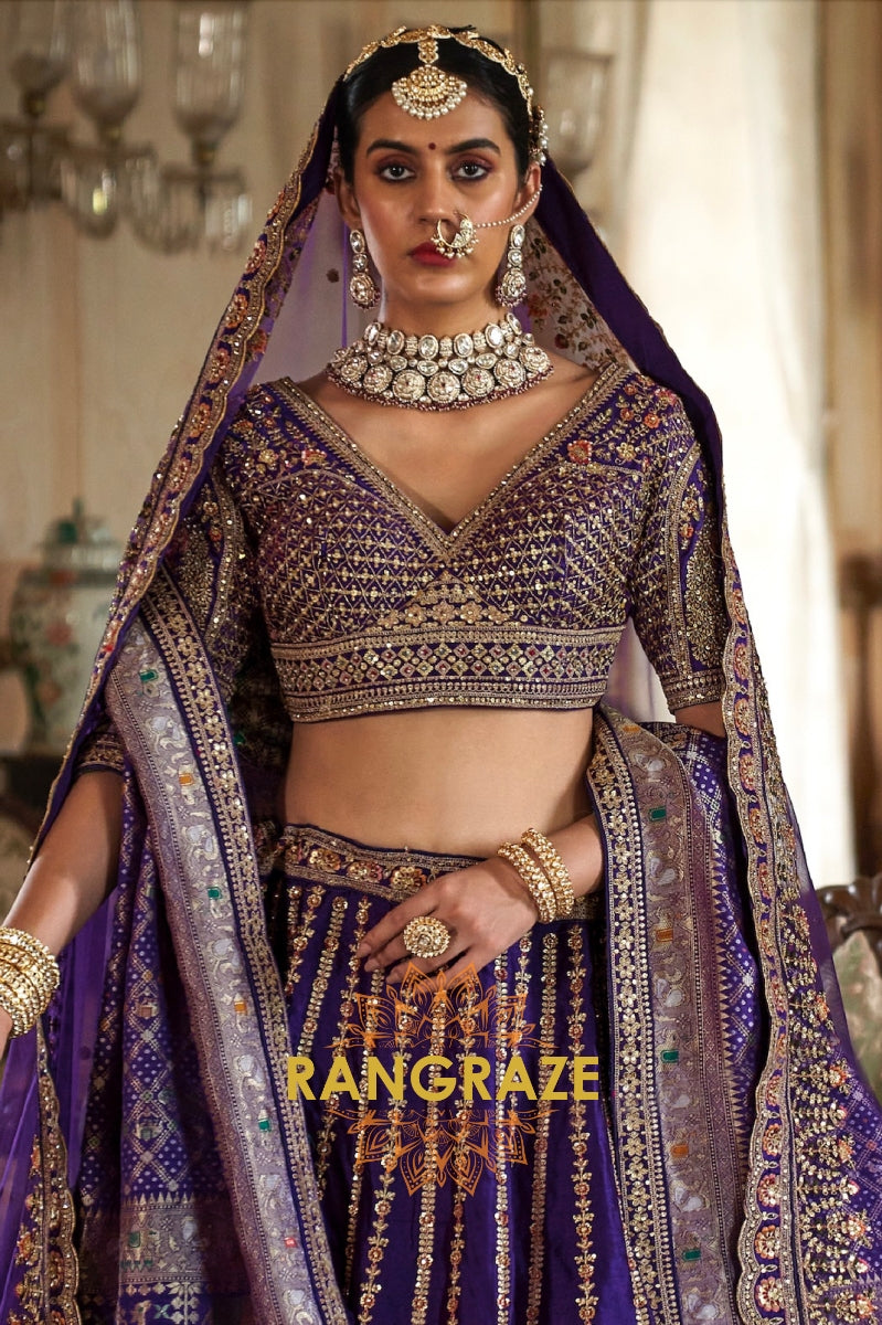 Majestic Royal Purple Double-Dupatta Bridal Silk Lehenga – A Legacy of Grandeur