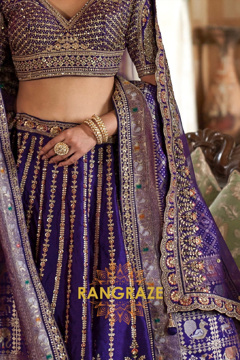Majestic Royal Purple Double-Dupatta Bridal Silk Lehenga – A Legacy of Grandeur