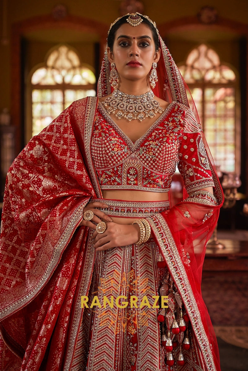 Scarlet Dynasty Double-Dupatta Bridal Silk Lehenga – The Timeless Bride