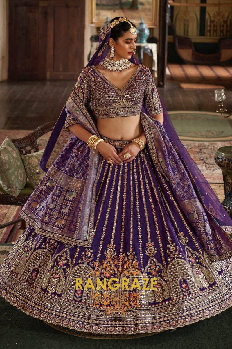 Majestic Royal Purple Double-Dupatta Bridal Silk Lehenga – A Legacy of Grandeur
