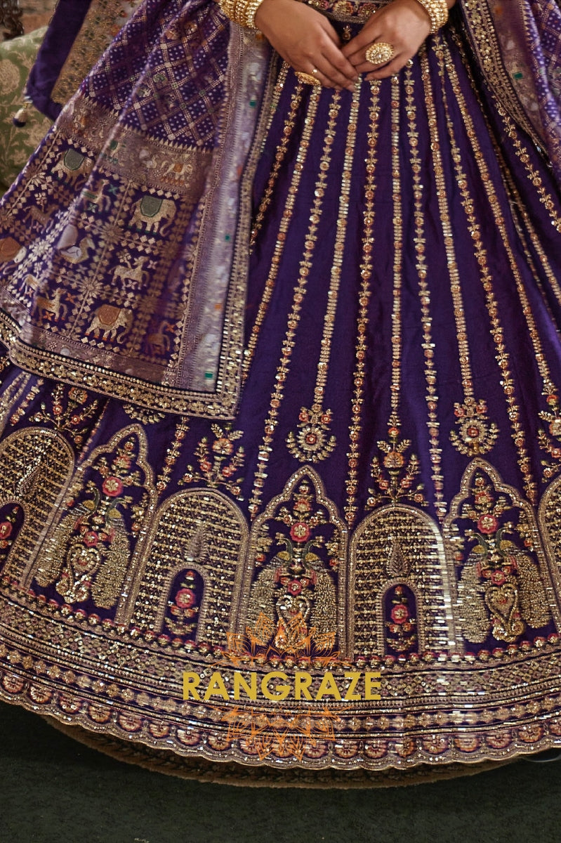 Majestic Royal Purple Double-Dupatta Bridal Silk Lehenga – A Legacy of Grandeur