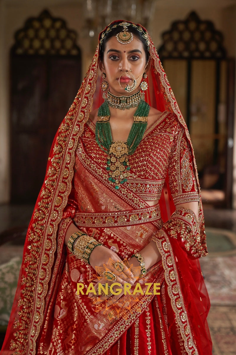 Classic Bridal Red Double-Dupatta Silk Lehenga – A Legacy of Grandeur