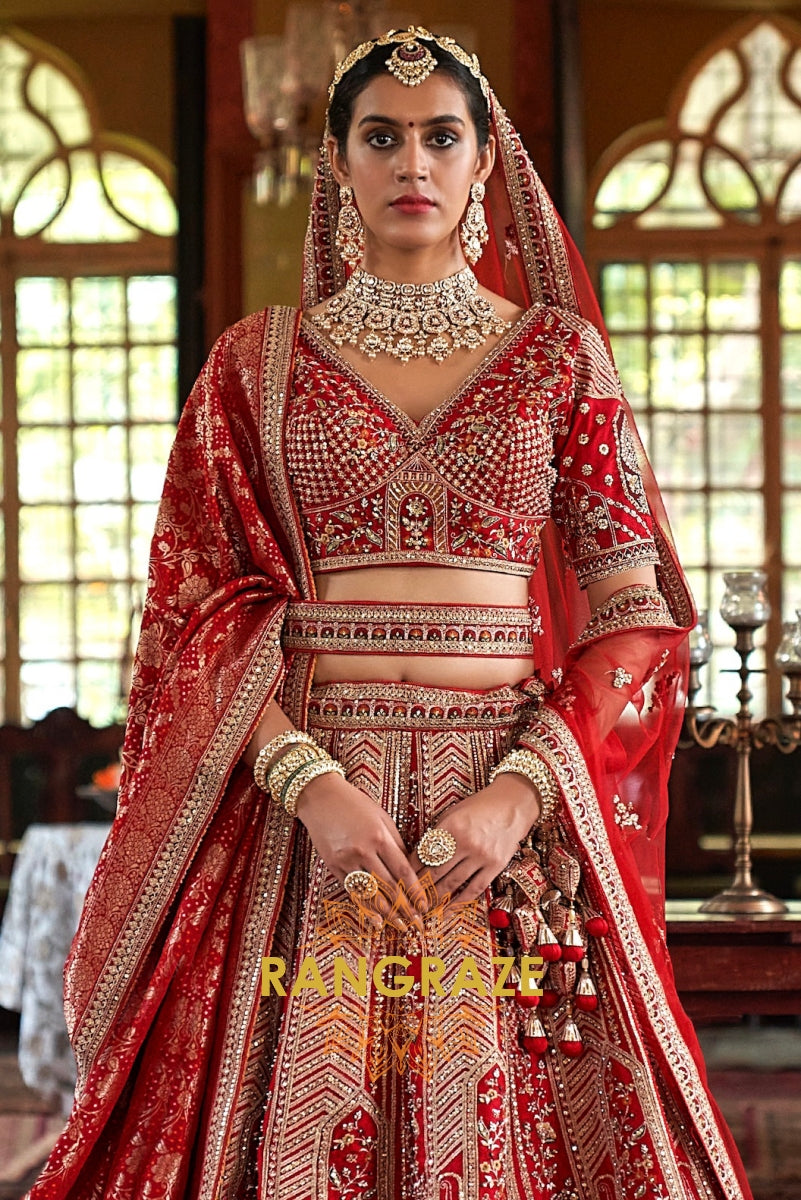 Scarlet Dynasty Double-Dupatta Bridal Silk Lehenga – The Timeless Bride