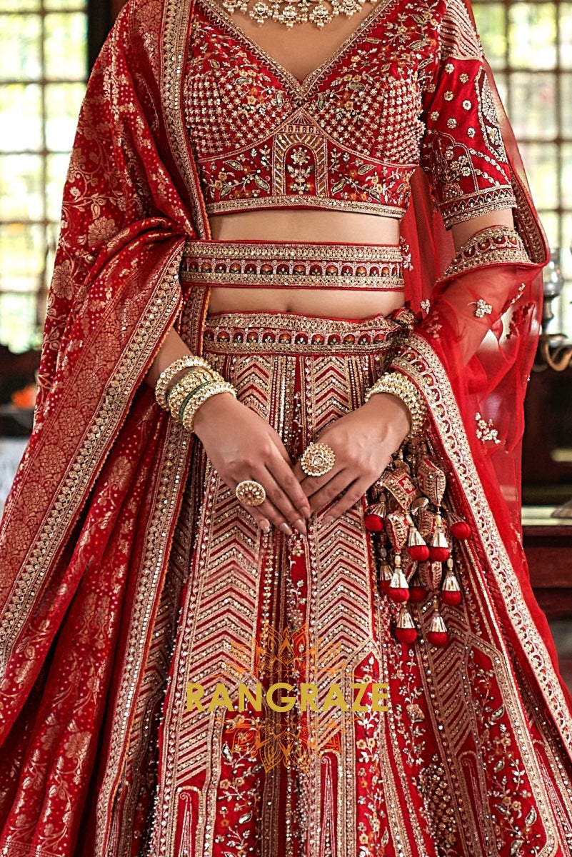 Scarlet Dynasty Double-Dupatta Bridal Silk Lehenga – The Timeless Bride
