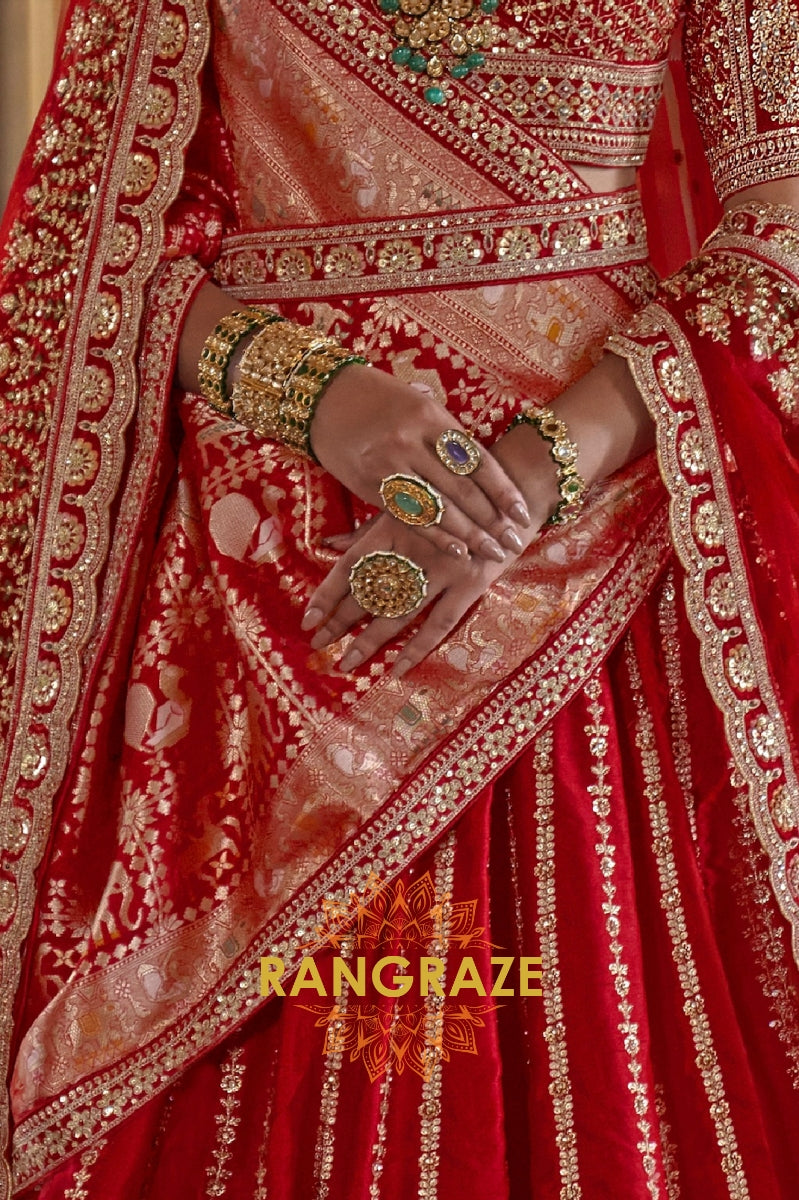 Classic Bridal Red Double-Dupatta Silk Lehenga – A Legacy of Grandeur