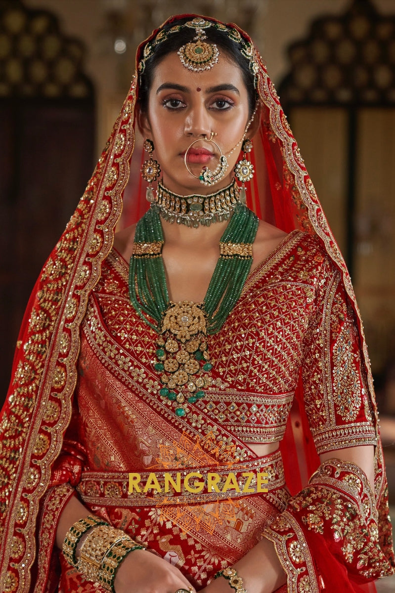 Classic Bridal Red Double-Dupatta Silk Lehenga – A Legacy of Grandeur