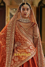 Burnt Orange Rust Double-Dupatta Bridal Silk Lehenga – A Legacy of Grandeur
