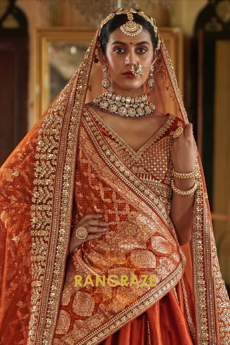 Burnt Orange Rust Double-Dupatta Bridal Silk Lehenga – A Legacy of Grandeur