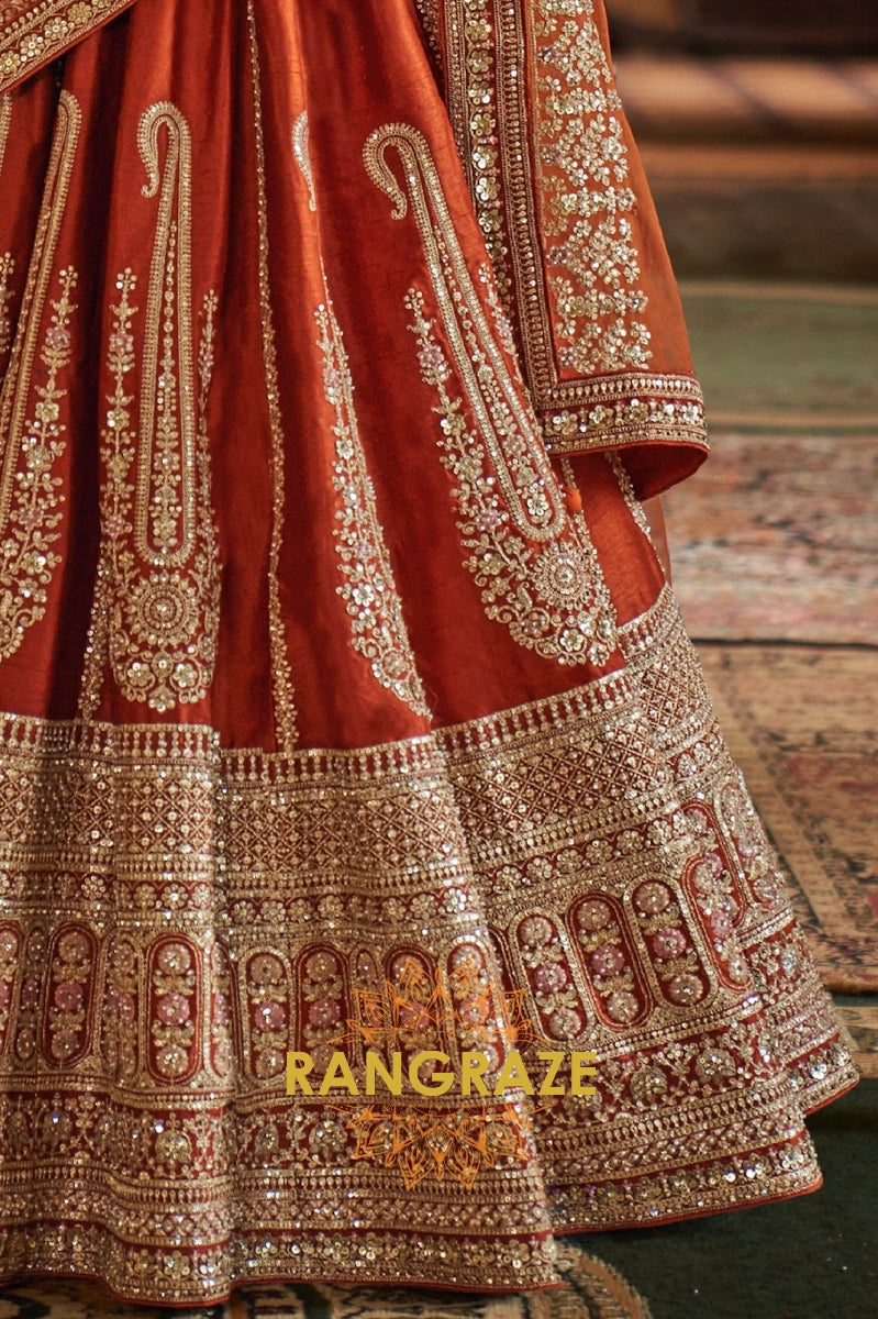 Burnt Orange Rust Double-Dupatta Bridal Silk Lehenga – A Legacy of Grandeur