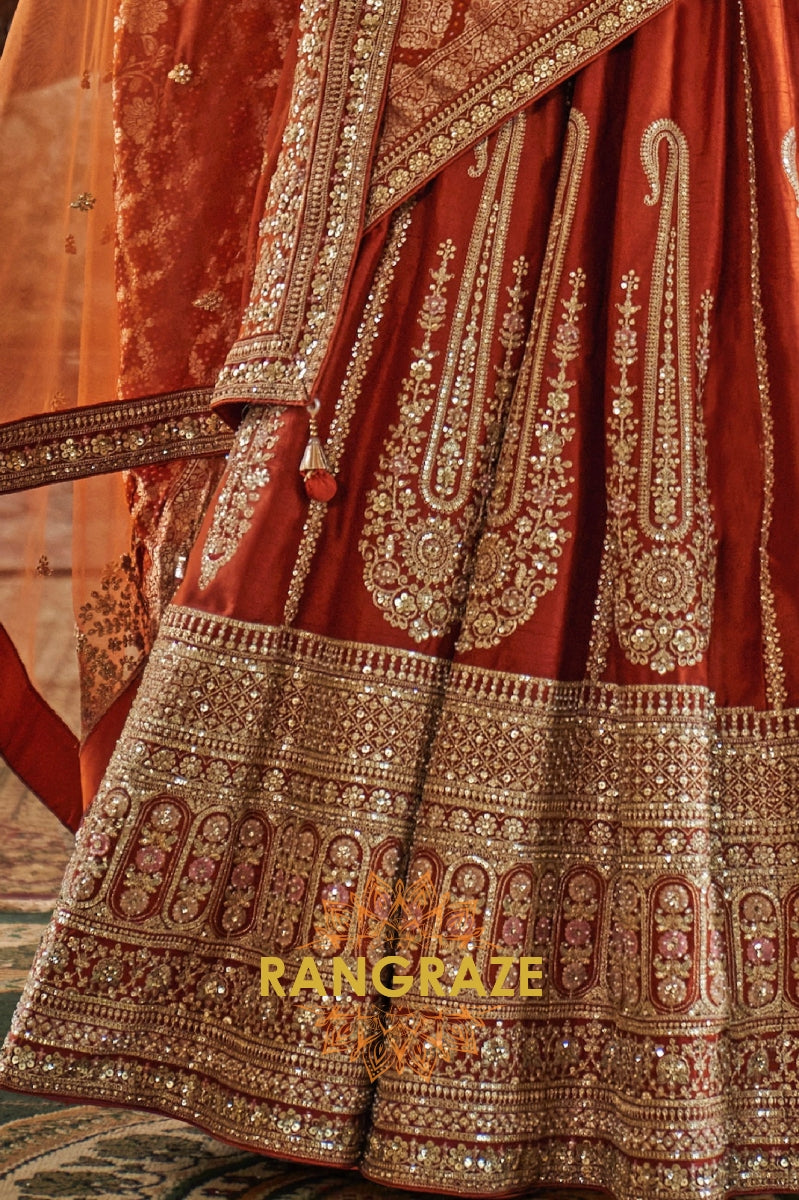 Burnt Orange Rust Double-Dupatta Bridal Silk Lehenga – A Legacy of Grandeur