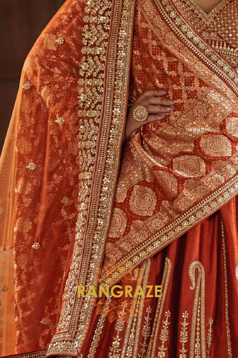 Burnt Orange Rust Double-Dupatta Bridal Silk Lehenga – A Legacy of Grandeur