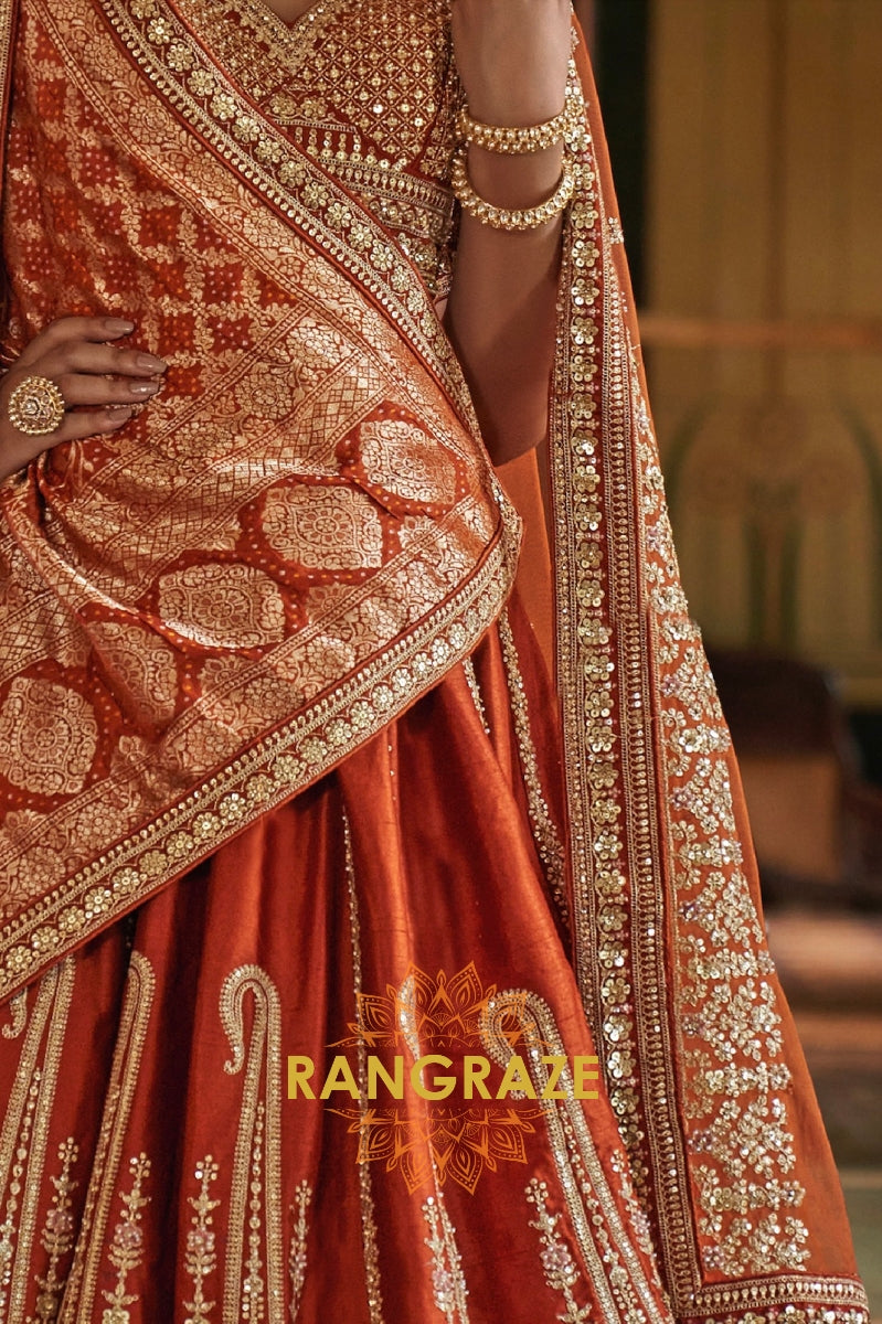 Burnt Orange Rust Double-Dupatta Bridal Silk Lehenga – A Legacy of Grandeur