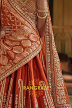 Burnt Orange Rust Double-Dupatta Bridal Silk Lehenga – A Legacy of Grandeur