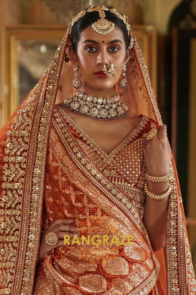 Burnt Orange Rust Double-Dupatta Bridal Silk Lehenga – A Legacy of Grandeur