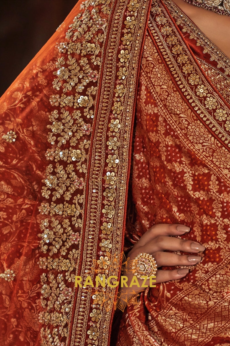 Burnt Orange Rust Double-Dupatta Bridal Silk Lehenga – A Legacy of Grandeur