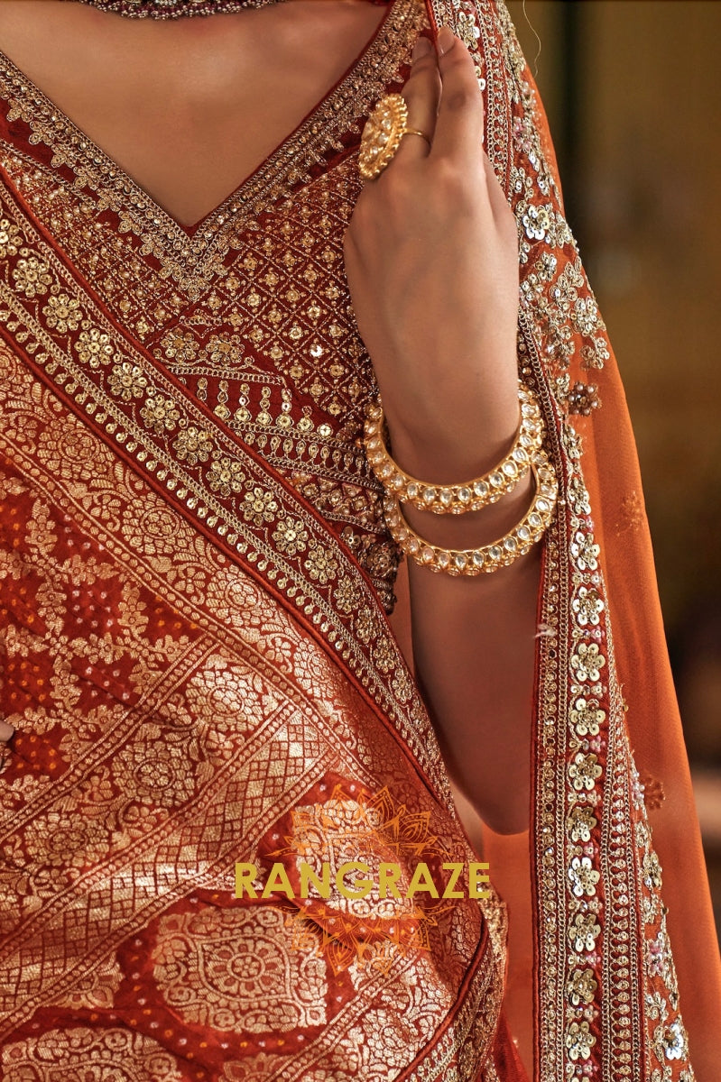 Burnt Orange Rust Double-Dupatta Bridal Silk Lehenga – A Legacy of Grandeur