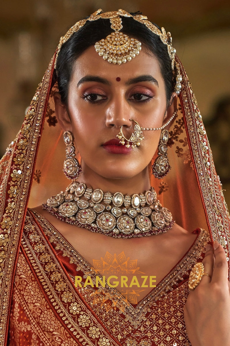 Burnt Orange Rust Double-Dupatta Bridal Silk Lehenga – A Legacy of Grandeur