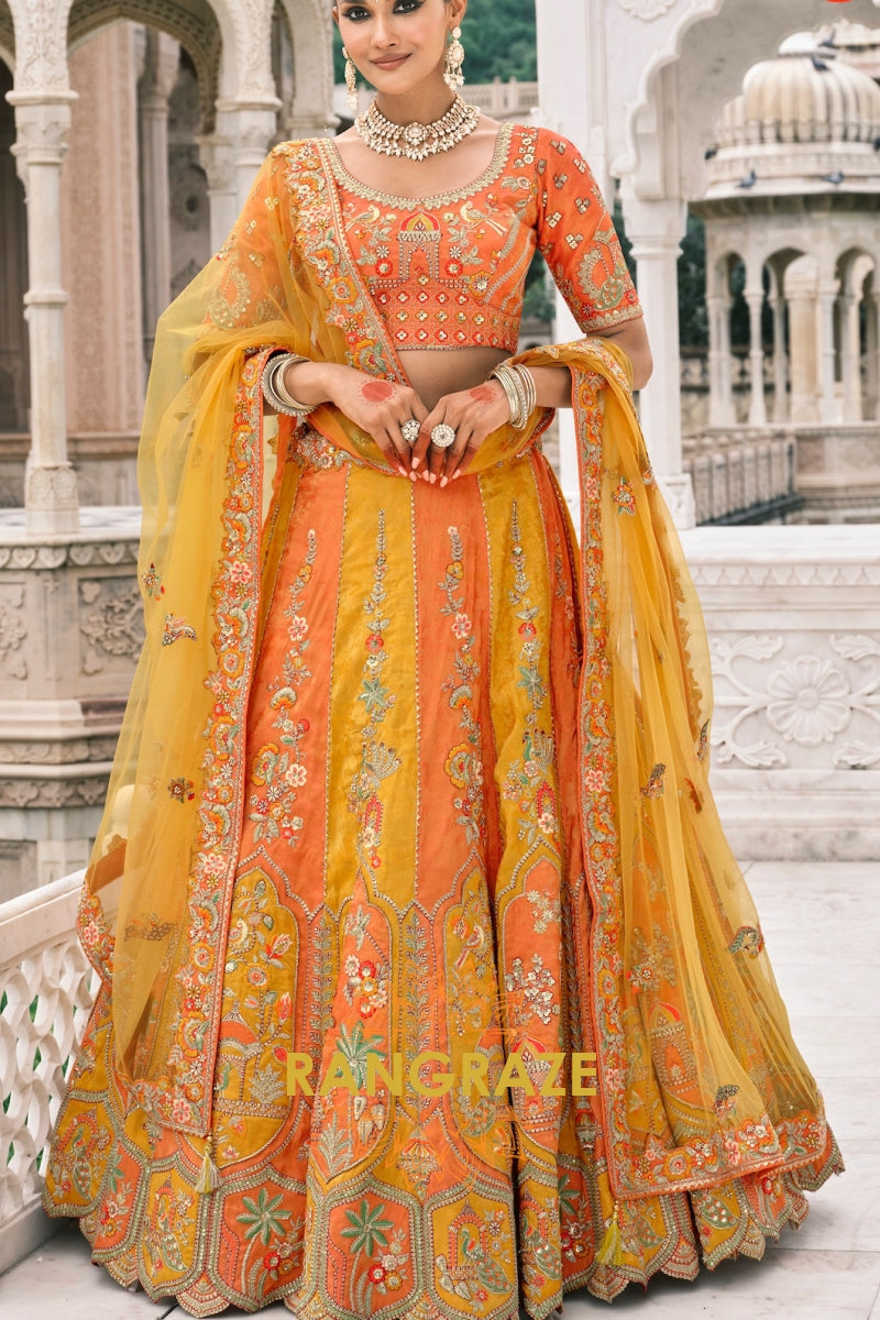 Amber Bloom Fancy Silk Lehenga – A Radiant Ensemble of Stones, Sequins & Mirror Embroidery