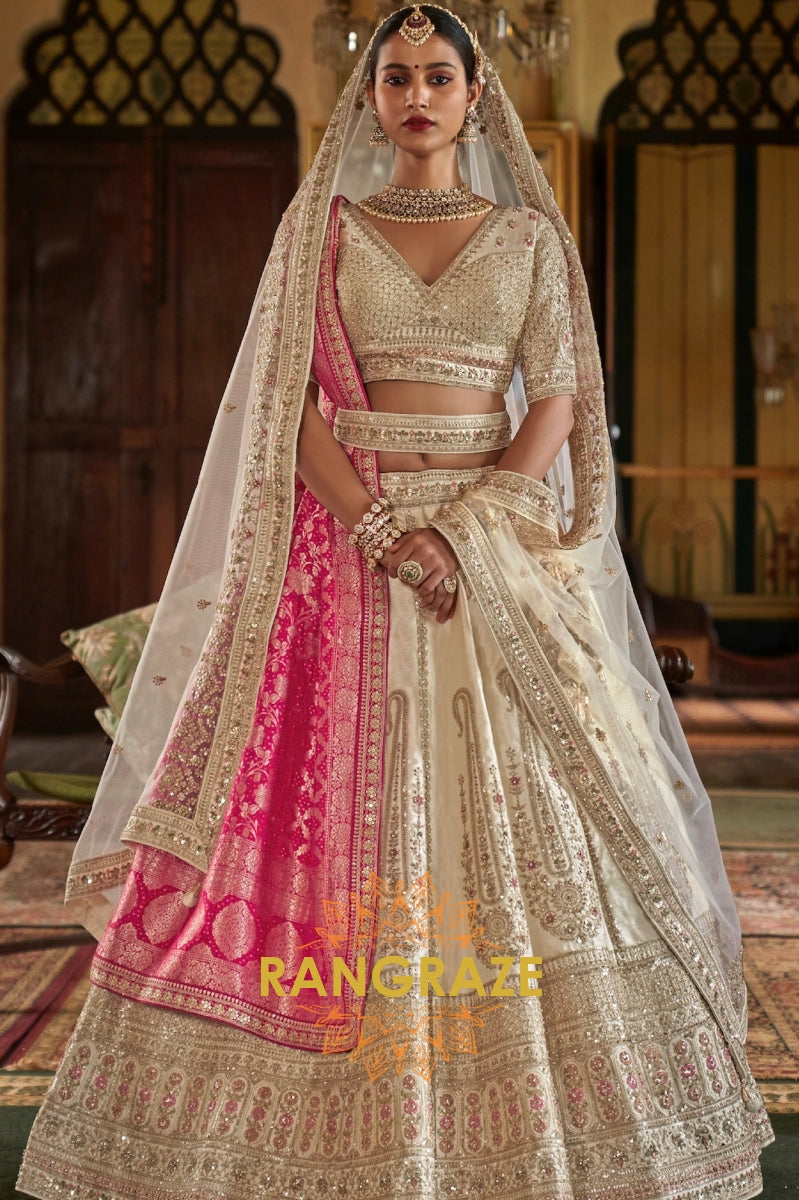 Ivory Elegance Double-Dupatta Bridal Silk Lehenga – A Symphony of Grace