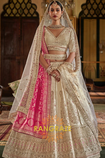 Ivory Elegance Double-Dupatta Bridal Silk Lehenga – A Symphony of Grace