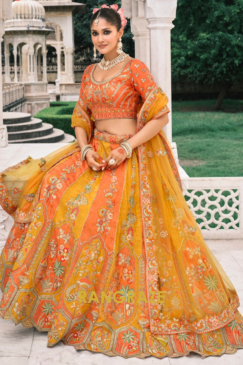 Amber Bloom Fancy Silk Lehenga – A Radiant Ensemble of Stones, Sequins & Mirror Embroidery