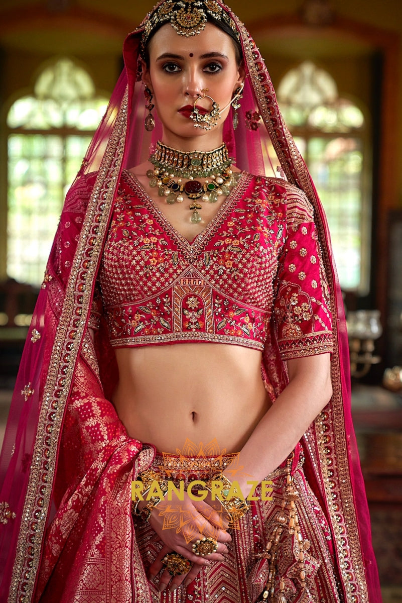 Magenta Majesty Double-Dupatta Bridal Silk Lehenga – A Fairytale of Grande